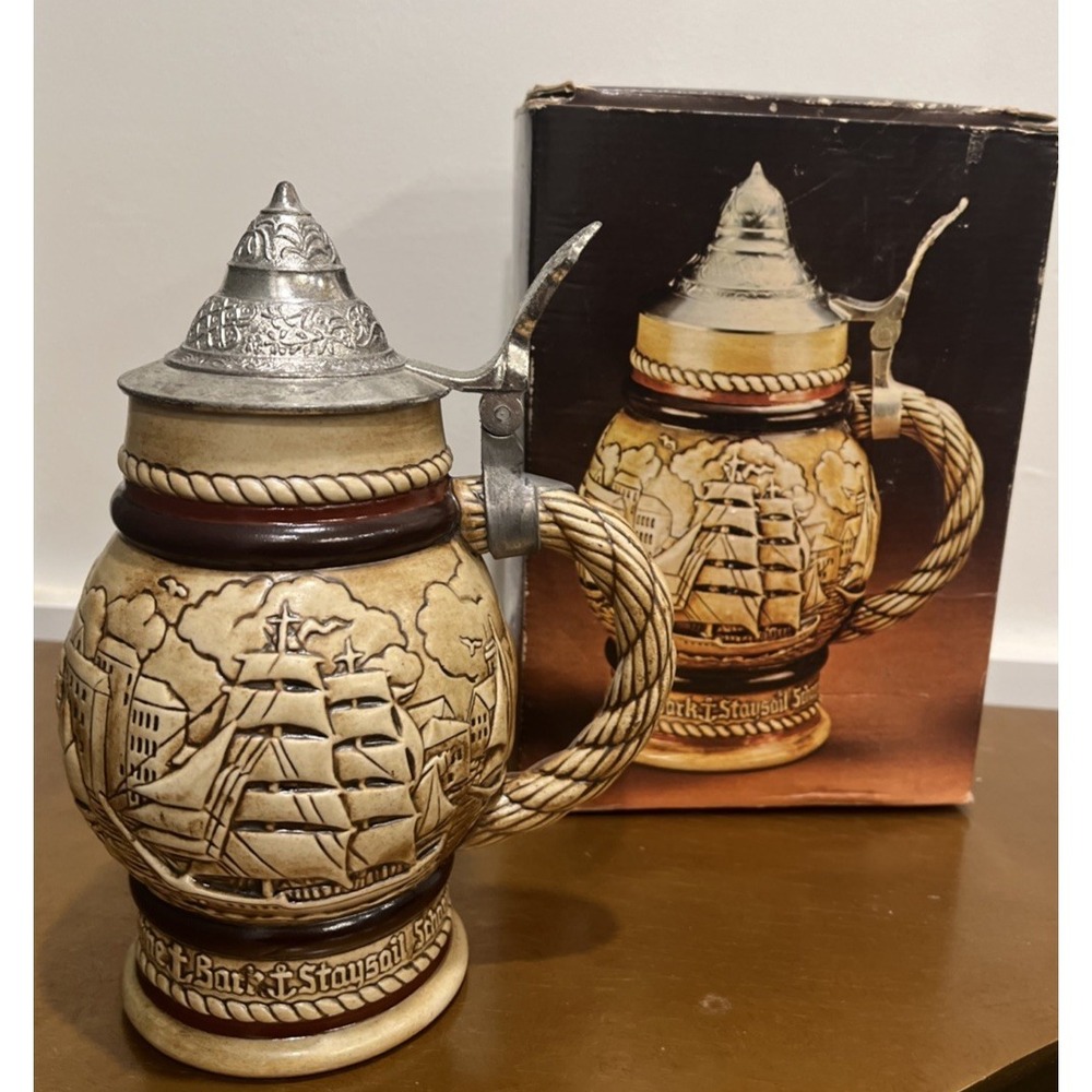1977 Avon Nautical‎ Tall Ship Staysail Schooner Tankard Lidded Beer Stein BOX